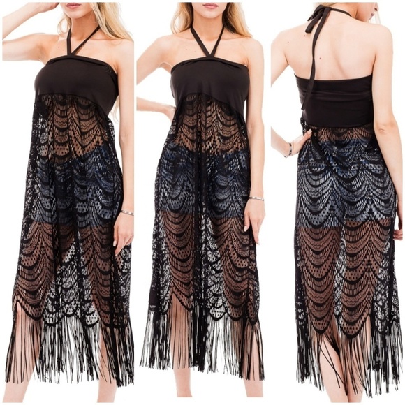 camps_boutique Other - Long Halter Lace Crochet Fringe Swim CoverUp Black
